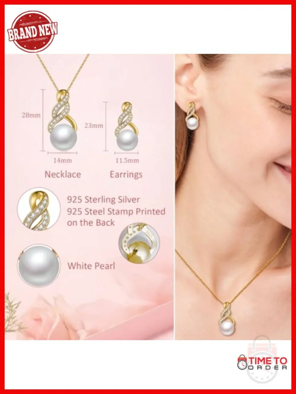 Sterling Silver Pearl Necklace and Earring Set Infinity Knot Gold Plated